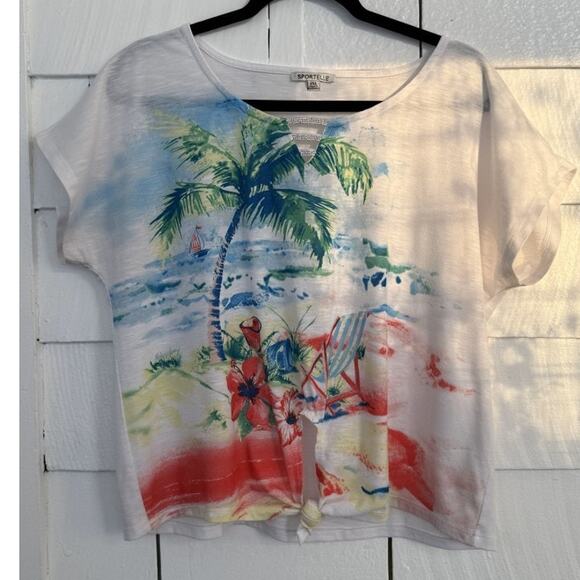Sportelle Women's PXL Coastal Graphic Tee Beach Scene Top Tropical Summer Retro - Picture 1 of 6